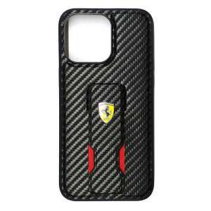 Ferrari Grip Stand iPhone 15 Pro Max tok, fekete szénszálas mintával, állvánnyal, PU anyagból - Ferrari
