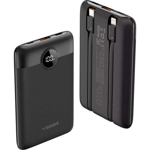 VEGER C11 power bank 10000mAh with Type-C and Lightning cables 22.5W - black
