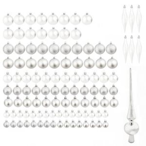 Karácsonyfadísz Szett - Ezüst Karácsonyfadíszek - 112 darab - Karácsonyfadísz