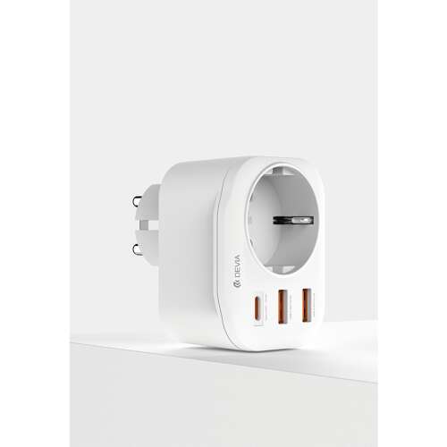 Devia Smart Series 2A+C PD 20W Auto Power Socket - White, EU plug, 2 USB-A, 1 USB-C, 400W