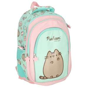 Pusheen the Cat 4 compartment school backpack, mint color, showing the front of the backpack with Pusheen the Cat design - School Bag