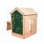 Wooden playhouse with chalkboard, table, and magnetic letters