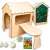 Wooden playhouse with chalkboard, table, lights, and magnetic letters