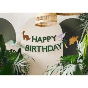 Dinosaur Happy Birthday Banner, 3 meter long, green and brown, with dinosaurs and palm trees - Party Decoration