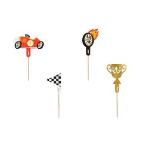 Cars themed cupcake toppers, set of 4, includes a race car, a checkered flag, a tire with flames, and a trophy - Pastry decorating tool