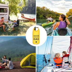 Különböző szabadtéri tevékenységek során a sárga 10L vízálló száraz táskát használó emberek kollázsa - Vízálló táska