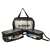 Black 3-piece travel wash bag set, waterproof, with clear window, zipper closure, filled with toiletries