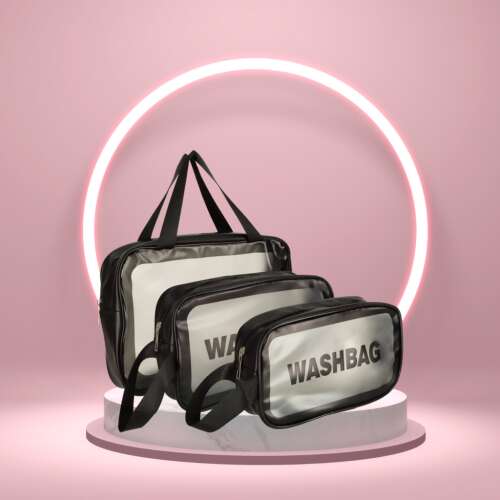 Black 3-piece travel wash bag set, waterproof, with clear window, zipper closure