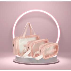 Pink wash bag set with clear front panel, perfect for travel or organizing toiletries - Luggage Accessory