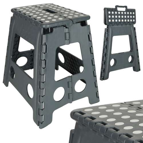 Collage of a dark gray foldable step stool with non-slip surface, showing different angles and features
