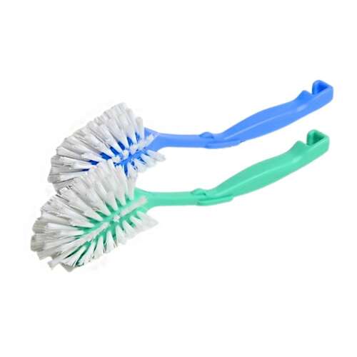 Plastic handled dishwashing brush, blue and green
