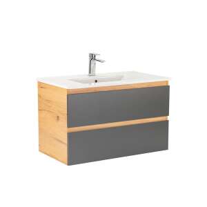 Vario Forte 80 tölgy és antracit fürdőszoba alsószekrény kerámia mosdóval és két fiókkal - Leziter