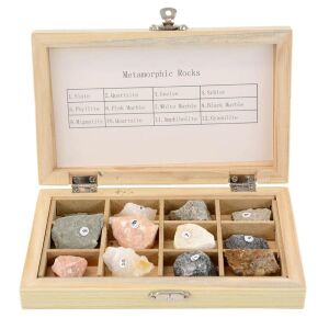 Metamorf kőzetkészlet - Colecție de roci metamorfice din 12 piese în cutie de lemn, set de geologie educațional - Jocuri stiintifice si exploratori