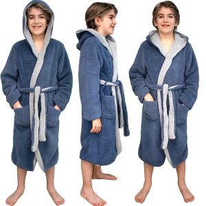 Koláž obojstranného detského županu Homelevel v modrej a sivej farbe, pohľad spredu a zboku - Bábätká & Batoľatá