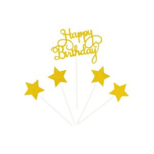 Tortatorta Happy Birthday złoty brokatowy topper na tort i gwiazdki - Rekwizyty imprezowe