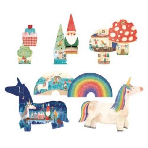 Londji Unicorn Party reversible Puzzleteile mit Einhorn-, Gnom-, Regenbogen-, Cupcake-, Baum- und Pilzmotiven.