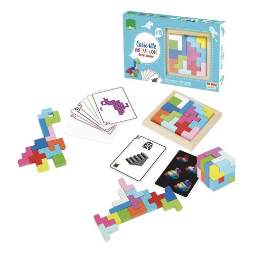 Vilac Astublock puzzle játék fa tetris darabokkal és kihívás kártyákkal
