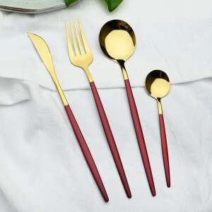 Zestaw sztućców ze stali nierdzewnej w kolorze złotym i czerwonym, 4 sztuki - Zestaw sztućców