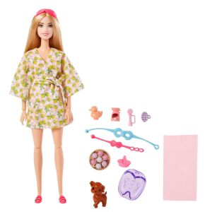 Zestaw do zabawy Barbie lalka dzień w spa z szlafrokiem w cytryny, szczeniakiem i akcesoriami - Mattel Baba