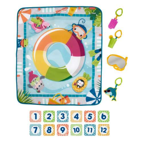 Fisher-Price Dive Right In Activity Mat, a colorful playmat with animals and activities for babies, including a large inflatable ring, hanging toys, and number cards