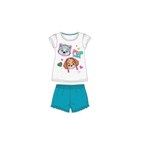 Mancs Őrjárat rövid pizsama lányoknak, Skye és Everest mintával, fehér felső és türkiz rövidnadrág 