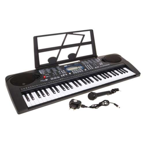 61-key digital keyboard with microphone, power adapter, and music stand