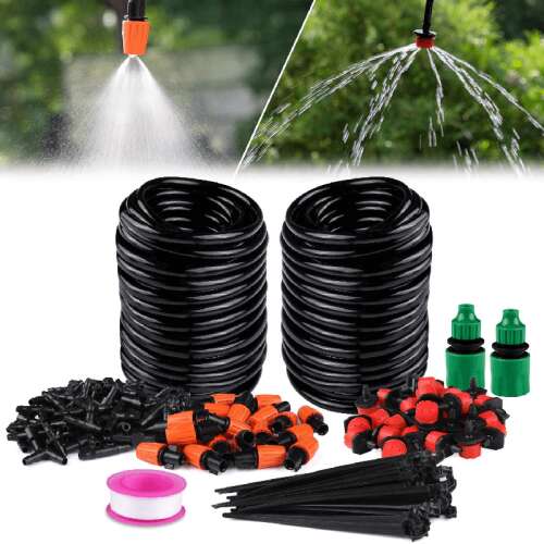 147 darabos csepegtető öntözőrendszer alkatrészei: tömlők, csatlakozók és szórófejek