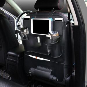 Black car seat organizer with multiple pockets for tablet, phone, umbrella, and drinks - Car Organizer
