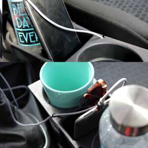 Autós pohártartó két pohártartóval, telefon tartóval és kábelrendezővel, fekete, autóban - Autós pohártartó