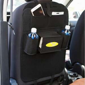 Black car seat back organizer with multiple pockets for phone, tablet, bottles, and other items - Car Organizer
