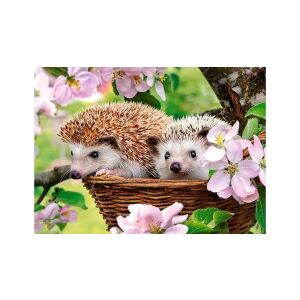 Two cute hedgehogs in a basket with spring blossoms - Puzzle