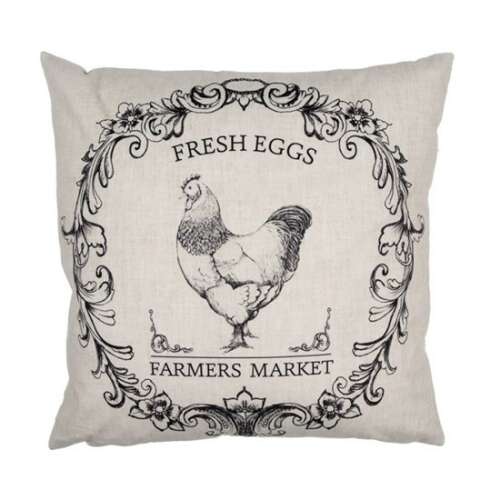 Díszpárnahuzat fekete-fehér csirke mintával, 'Fresh Eggs Farmers Market' felirattal, 45x45cm
