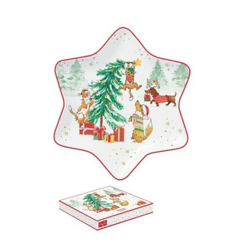 Karácsonyi Gang csillag alakú porcelán tálca karácsonyfa és állatok mintával