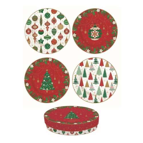 4 db-os karácsonyi desszert tányér szett, 19cm, Jingle Bells mintával, porcelán, dobozban