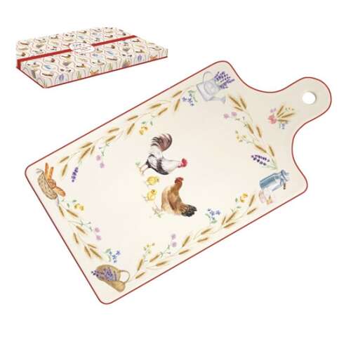 Country Life porcelán sajtkínáló tálca kakas és tyúk mintával, tökéletes sajt vagy sonka tálalásához