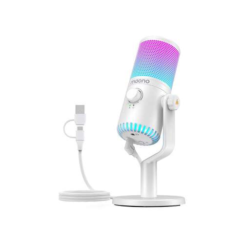 Maono DM30RGB fehér kondenzátor mikrofon RGB világítással, USB-C csatlakozással és állítható állvánnyal