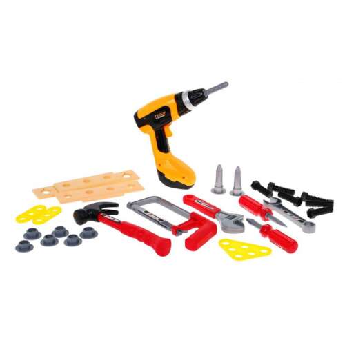 Toy tool set for kids, includes a drill, hammer, saw, screwdriver, wrench, and other tools