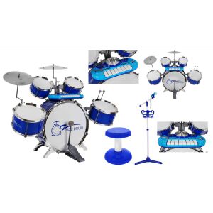 Collage of Blue Jazz Drum Set with Keyboard, Microphone and Stool - Toy Instrument