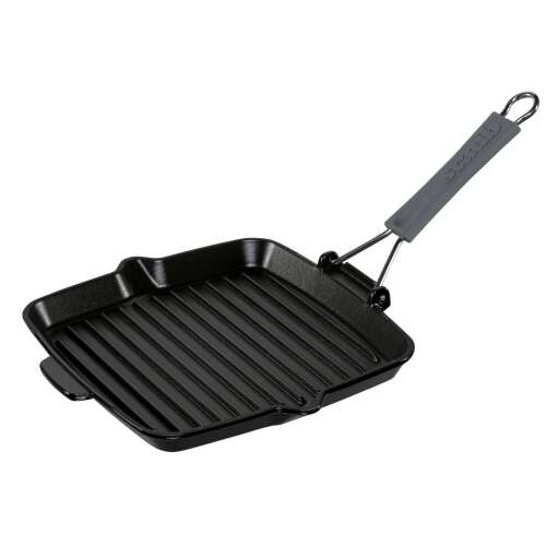 Staub 24 cm kwadratowa patelnia grillowa z emaliowaną powłoką w kolorze czarnym i silikonowym uchwytem