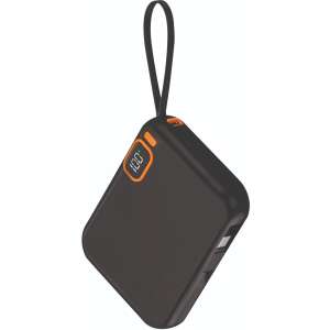 2GO Travel Power Bank 10000mAh, fekete színű power bank narancssárga részletekkel, digitális kijelzővel, USB-C bemenettel és kimenettel, kompakt méretben, USB-C töltőkábellel - 2GO