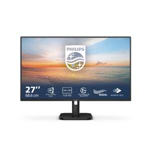 Philips 27E1N1100A/00 27 hüvelykes monitor, elülső nézet, a képernyőn naplemente kép és a főbb jellemzők láthatók - Monitor