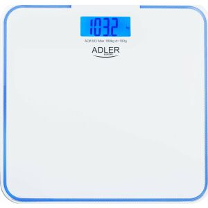Adler AD 8183 digitális személymérleg, fehér, kék szegéllyel, LCD kijelző mutatja a súlyt - Adler