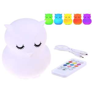 White owl shaped silicone LED night light with remote control, USB charging cable, and color changing options - Babies & Toddler