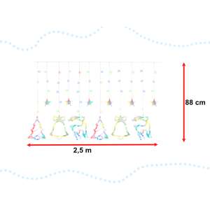 Karácsonyi függöny fényekkel, csillagokkal, rénszarvassal, harangokkal és karácsonyfákkal, 2,5m hosszú és 88cm magas - Fényfüzér
