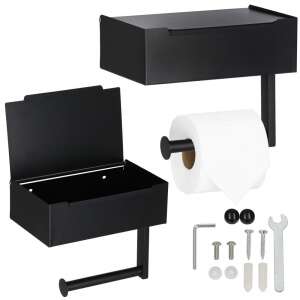 Springos toilet paper holder with storage box, black, wall mounted, with screws and adhesive tape - Toilet Paper Holder & Stand