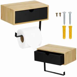 Toilet paper holder with storage shelf and drawer, bamboo and black metal, Springos - Toilet Paper Holder & Stand
