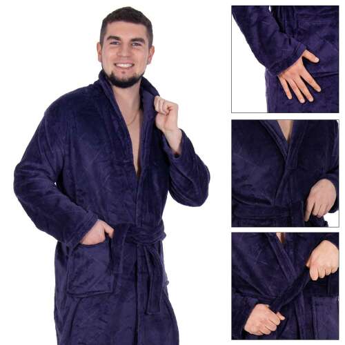 Springos men's dark blue fleece bathrobe, collage with details