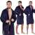 Springos men's dark blue fleece bathrobe, M/L size, front view, 3 different angles