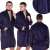 Springos men's dark blue fleece bathrobe, M/L size, front and back view, close-up of the fabric