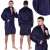 Springos men's dark blue fleece bathrobe, M/L size, front and back view, close-up of the fabric
